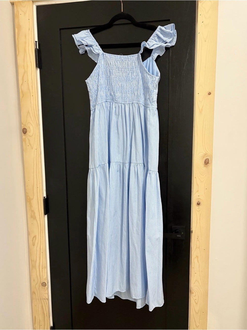 Women’s Smocked Maxi Dress blue and white with Ruffle Straps